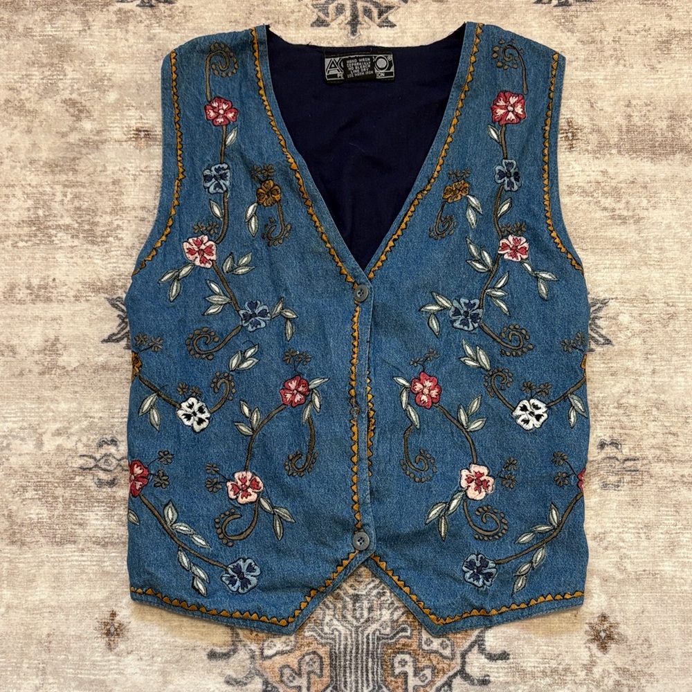 Vintage Embroidered Floral Denim Vest